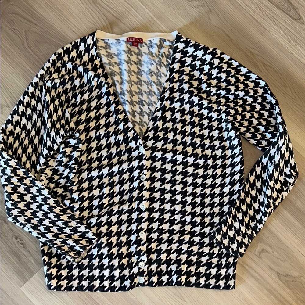 Merona Houndstooth Cardigan Sweater 2XL Black/White Vintage Classic Career